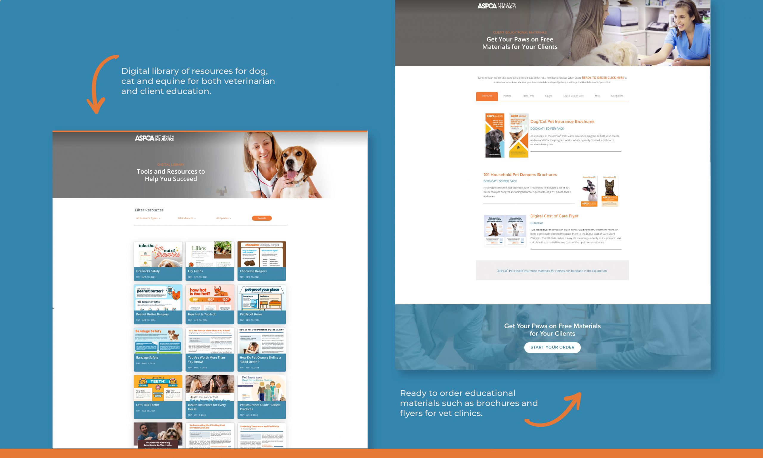 ASPCA Pet Health Insurance Veterinary Resource Center | Digital library houses resources for dogs, cats and equine. Ready-to-order educational materials such as brochures and flyers are available to order.