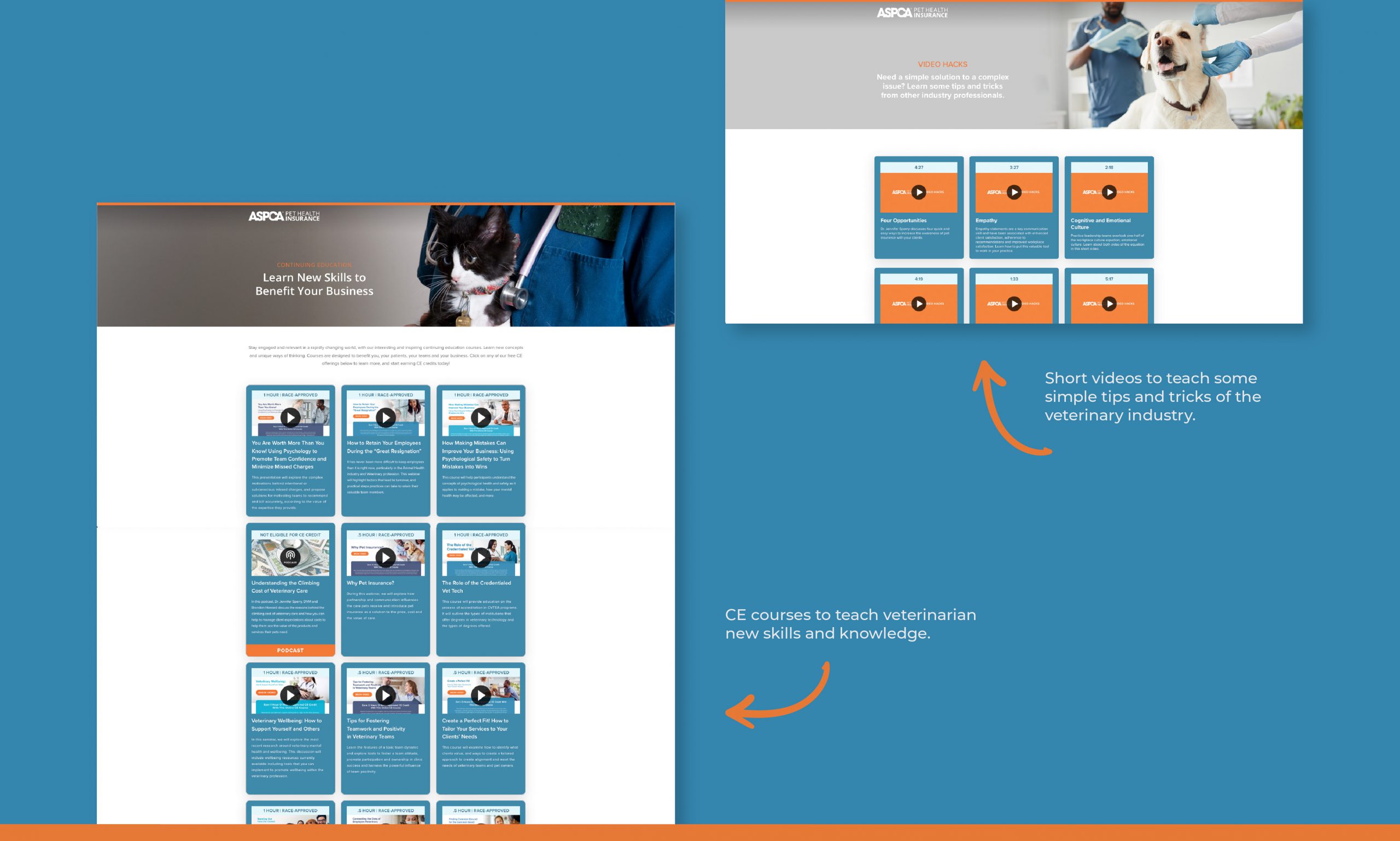 ASPCA Pet Health Insurance Veterinary Resource Center | Video resources, including CE courses are available for veterinary professionals.